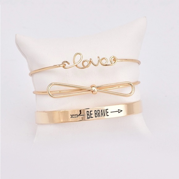 Gold Three Cuff Bracelet Bow Brave Love Set - Picture 2 of 6